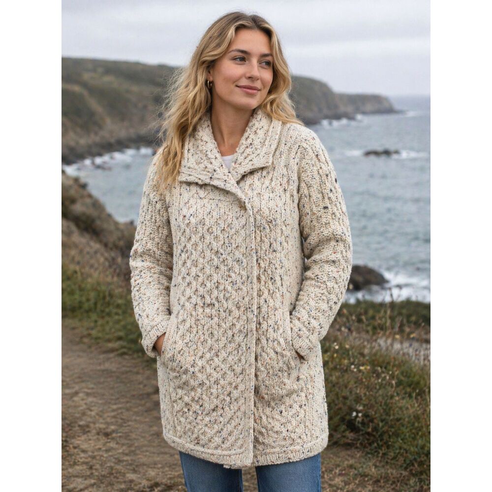Aran Crafts Ireland Light Beige Merino Wool Long Sweater Duster Women Size S